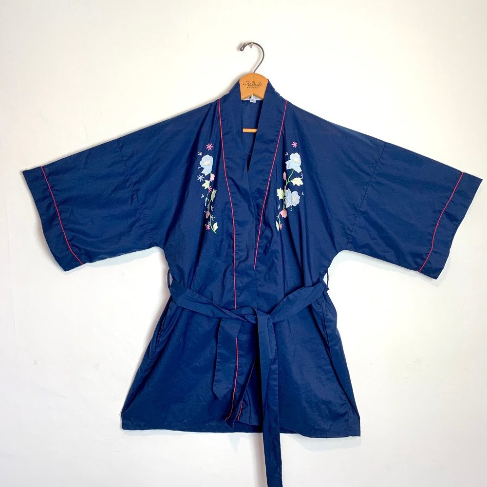 VTG Embroidered Blue Kimono Short Robe - Picture 4 of 5